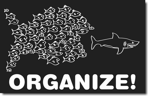 White on Black "Organize!" Fish Sticker